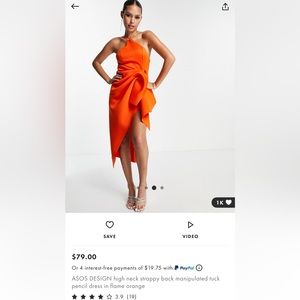 ASOS DESIGN high neck strappy back manipulated tuck pencil dress in flame orange